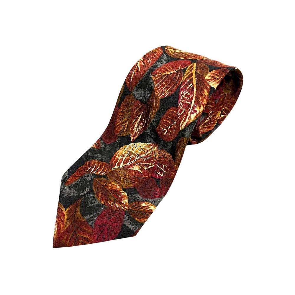 Hugo Boss Mens Silk Tie Orange Red‎ Gold Leaf Pattern Botanical Made in Italy